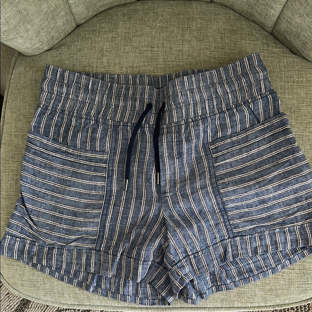 Athleta High Waist Striped Blue Linen Shorts